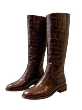 Schutz Terrance Up Brown Croc Embossed Leather Boots Size 6 New